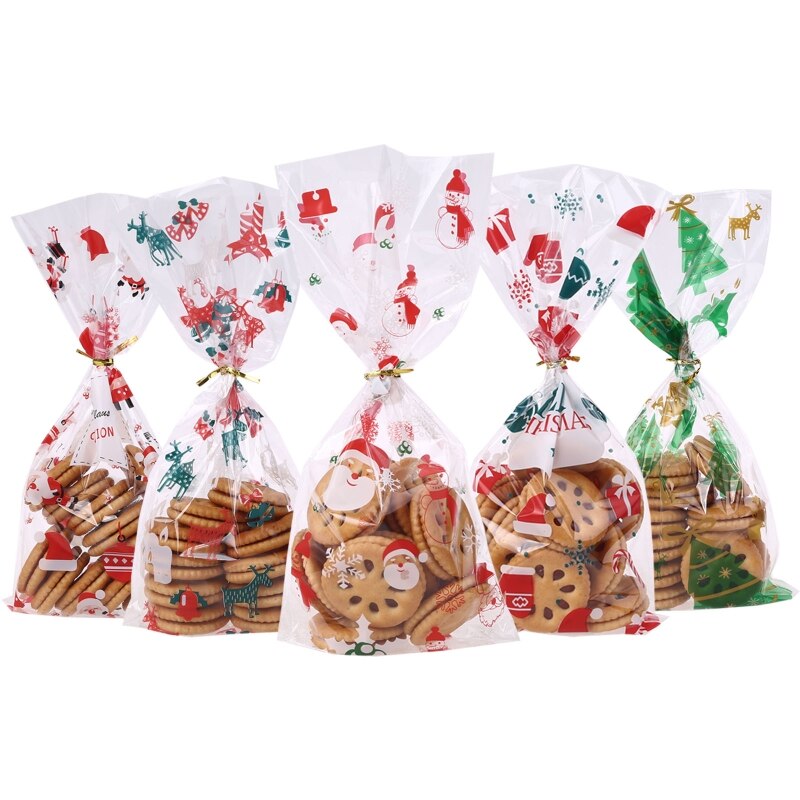 50- pack kerst cellofaan zakjes kerstman kerstbomen kerst traktatie zakjes inpakpapier met 50 draadjes voor snoep