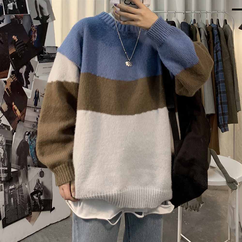 Gensere herre lappeteppe langermet panel høst vinter koreansk stil trendy fritidsgensere tenåringetone strikket stilig ins bf: Grå / Xxl