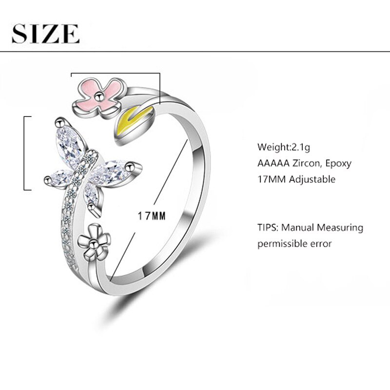 Anenjery Süße AAAAA Zirkon Schmetterling Liebe Blume Silber Farbe Ringe Für Frauen 17mm Einstellbar Bague S-R386