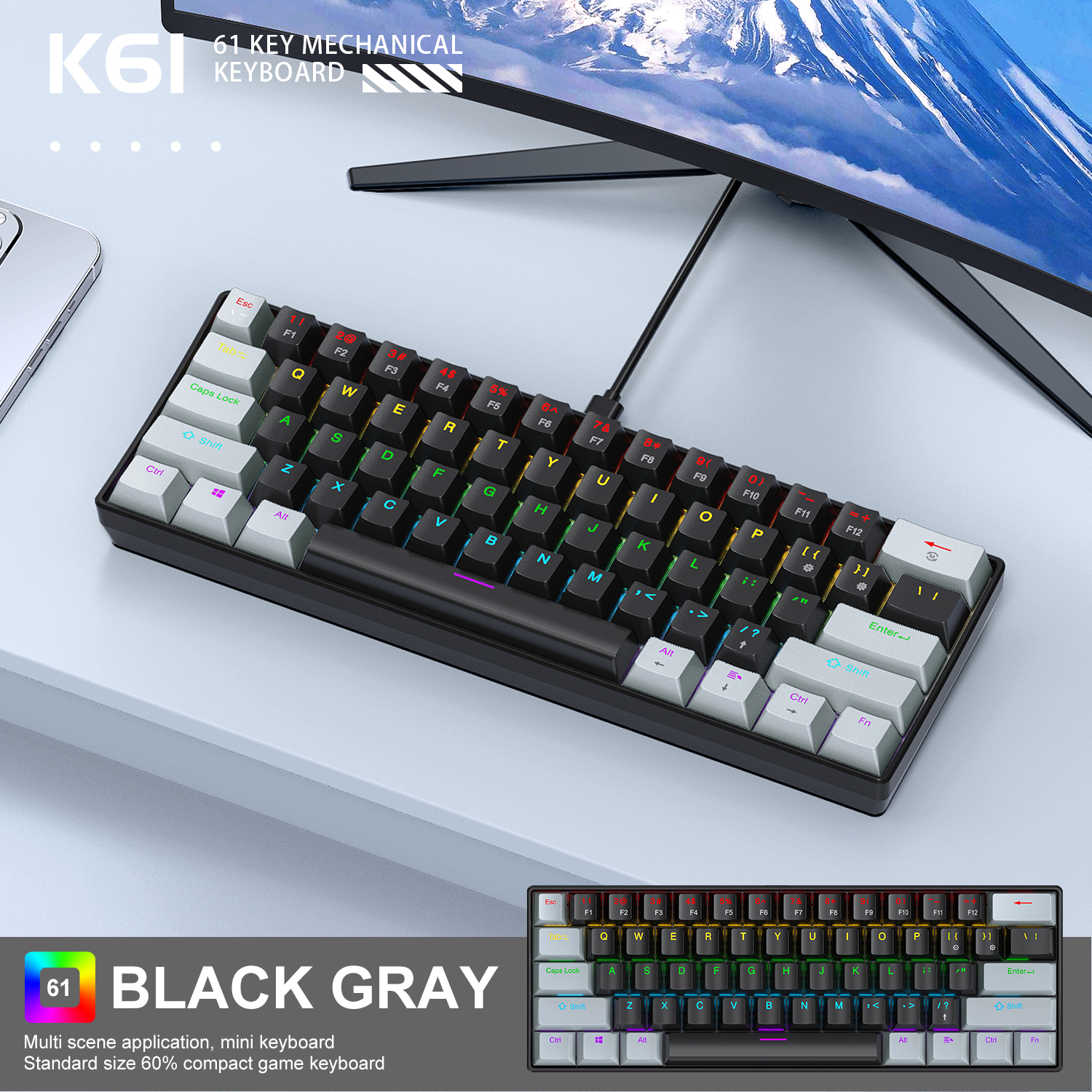 APAYADO K61 Teclado mecánico para juegos con cable al 60%, mini de 61 teclas, retroiluminado RGB, interruptor rojo/azul, portátil para PC y portátil: Grey / Interruptor rojo