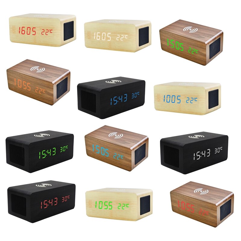Wood Alarm Clock Bluetooth Speaker Desk USB Digital Clocks LED Wireless Charging Phone Temperature Wooden Table