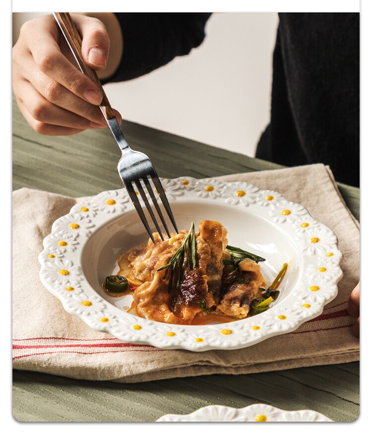 Ceramic Embossed Daisy Dinner Set Plate And Dishes Household Soup Bake Bowl Crockery Tableware