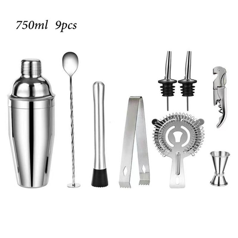 Stainless Steel Cocktail Shaker Mixer Set Wine Martini Boston Shaker for Bartender Drink Party Bar Tools Set 750ML Wine Bottle