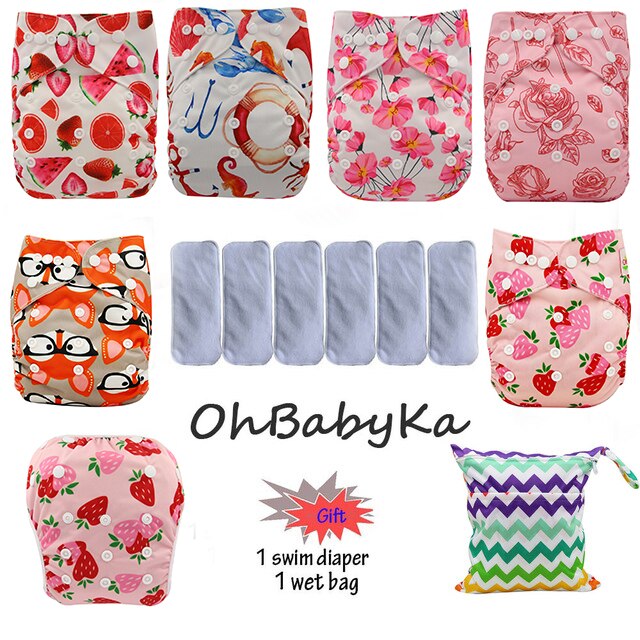 Ohbabyka Baby Cloth Diaper Couche Lavable Training Pants 6pcs Reusable Pocket Diaper Cover+6pcs Bamboo Insert Baby Nappies