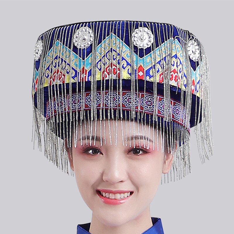 Hmong Miao Dance Hat For Women Traditional Clothing Hats With Tassel Accessories Festival Performance Headwear Vintage Headdress