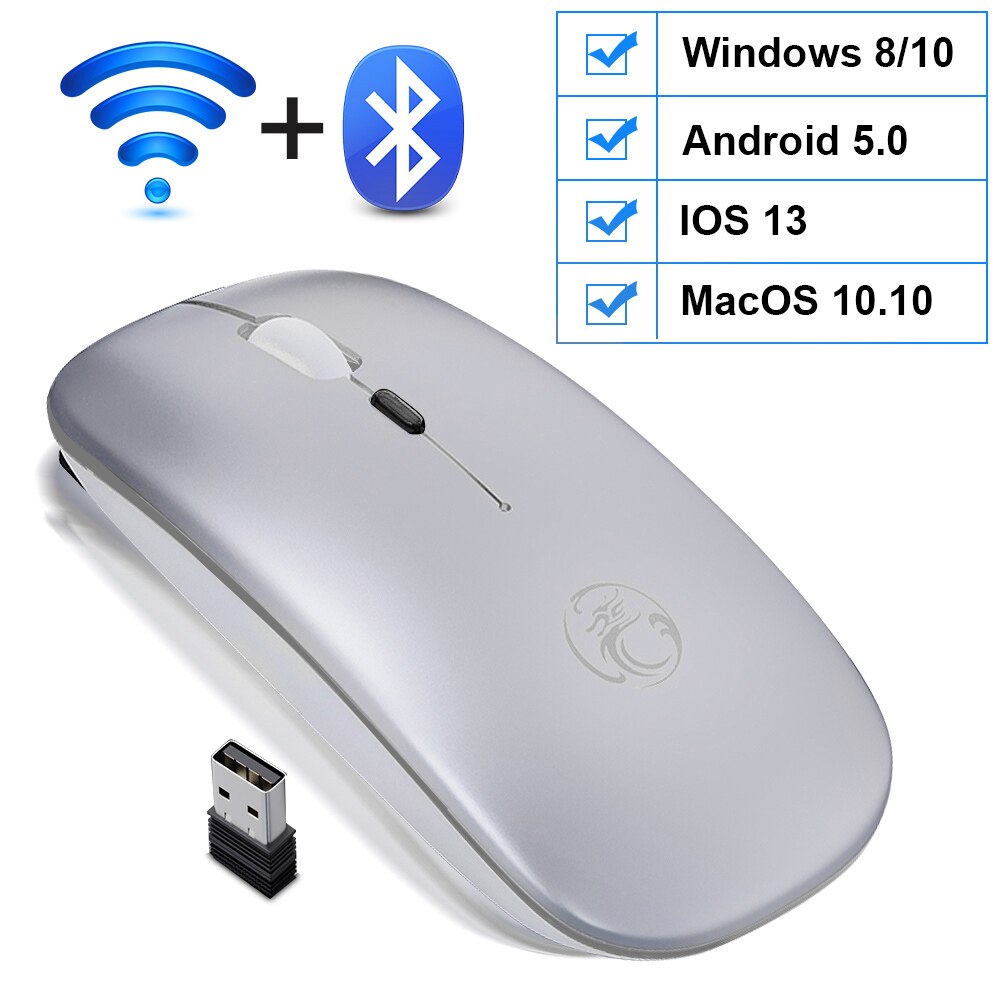 Wireless Mouse Bluetooth Mouse For Computer Rechargeable Ergonomic Mouse Bluetooth Mause Silent Optical USB Mice For PC Laptop: Bluetooth Silver