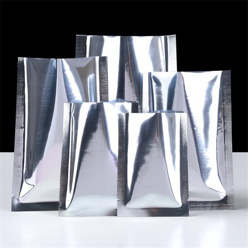 100Pcs/Lot Open Top Aluminum Foil Bag Vacuum Heat Seal Packaging Pouches Food Coffee Tea Mylar Foil Bag Storage Silver Flat Bags