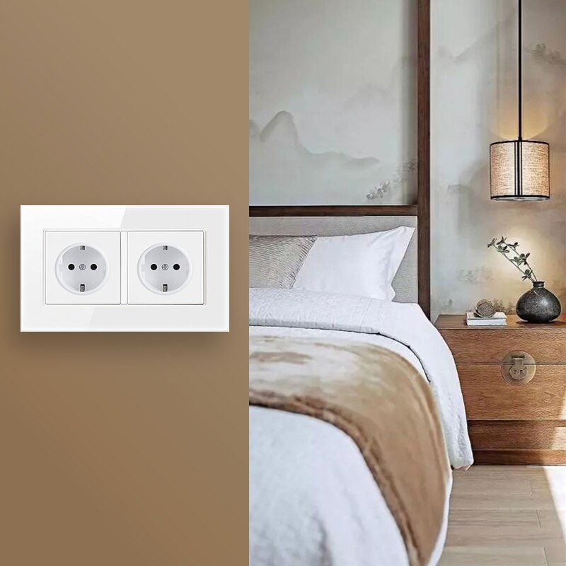PSSRISEWall Crystal Glass Panel 146*86 Multi Way Power Socket Plug Grounded 16A EU Standard Electrical Outlet Double Socket stri