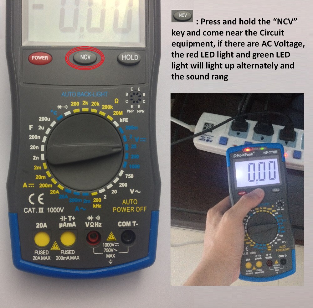 Multimetro HoldPeak HP-770B NCV Digital Multimeter Feature And Frequency/Dide/hFE Test