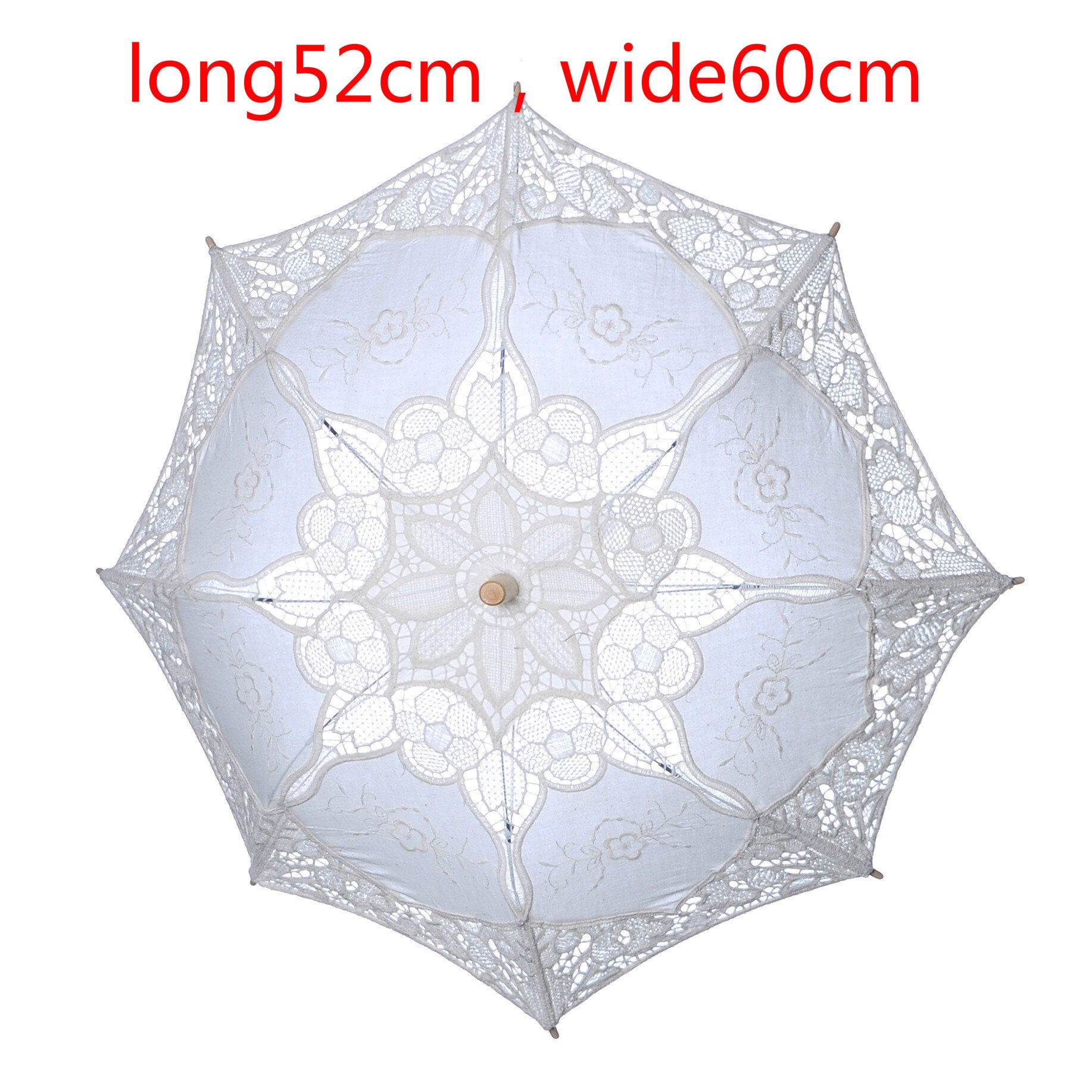 Womens Wedding Bridal Parasol Paraplu Hollow Out Borduren Kant Effen Wit Kleur Romantische Foto Props Met Houten Handvat 8 Ribben: white diameter 60cm