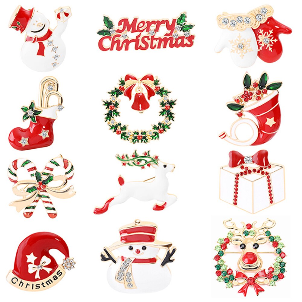9 pçs do natal de cristal broches kit meninas bonito boneco de neve veados árvore pinguim meias pino emblemas de natal broche pinos moda jóias: 12 pcs