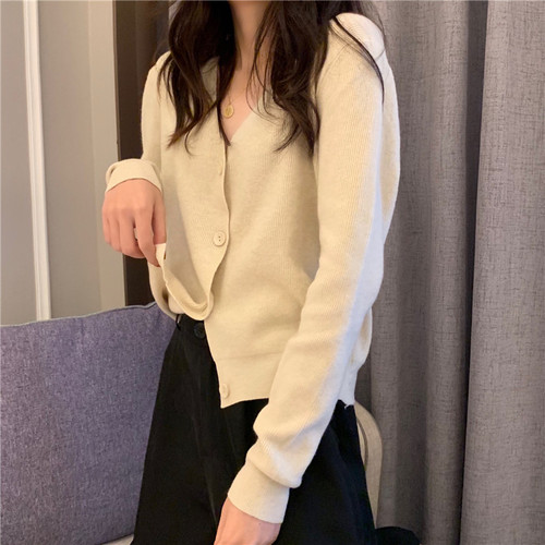 Neploe løs skør stil enkelt bryst sweater cardiagns kvindelig v-hals langærmet strikket jumper pull femme frakke solid løs 48010: Abrikos