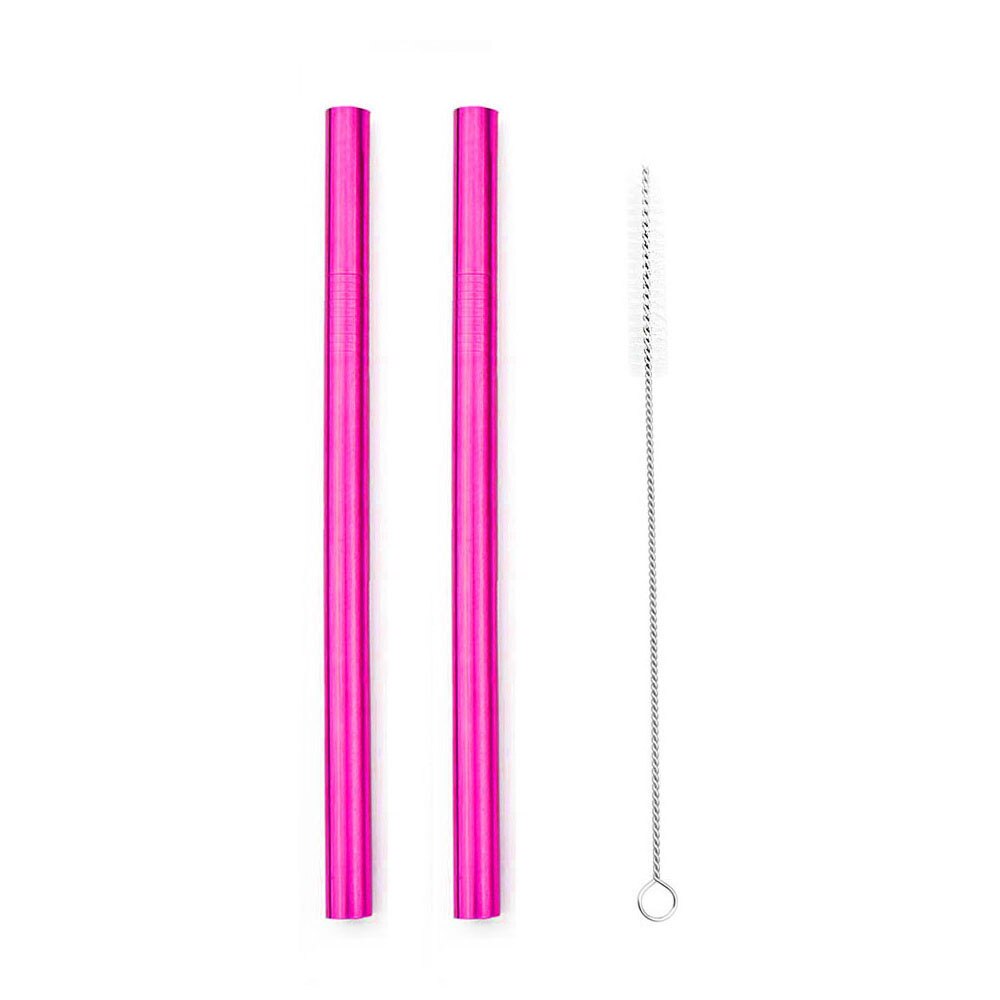 2 stücke Wiederverwendbare Breiten Metall Trinkhalme 12mm Gerade Getränke Stroh mit Reinigung Pinsel Trinken Perle Milchshake blasiert Tee stroh: Rosa eben
