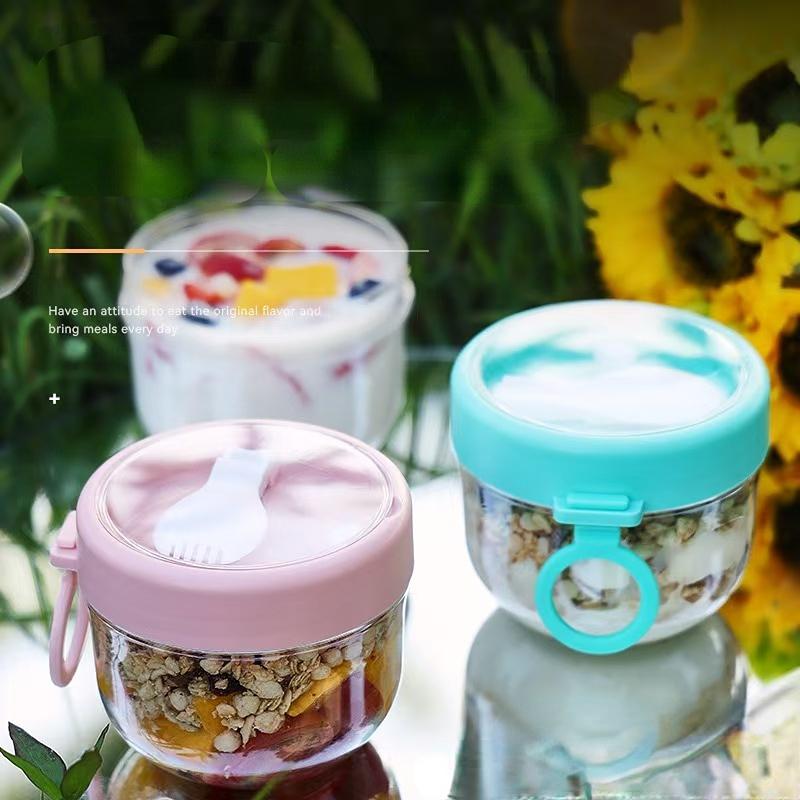 Portable Breakfast Cup with Leak-Proof Lid, Overnight Oats Bowl with Spoon, Microwave Safe Salad Bowl, Yogurt Cup, Milk Bottle