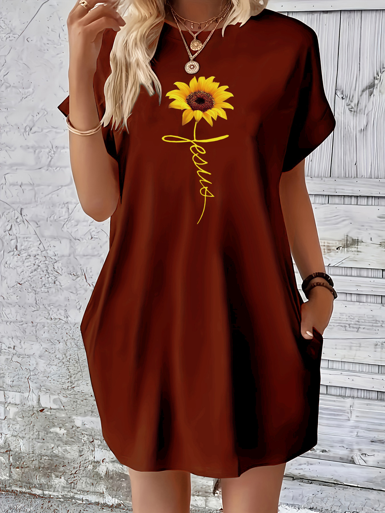 Dames Zomer Losse Cross Zonnebloem Print Ronde Hals Korte Mouw Zak Comfortabele Casual Plus Size Jurk