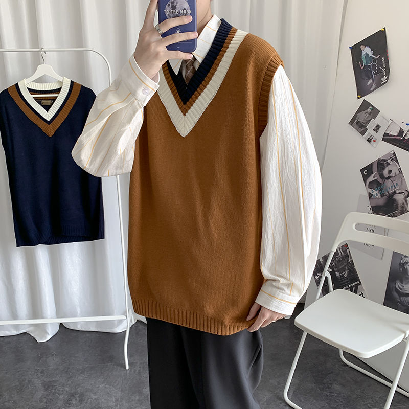 Efterårs sweater vest herre retro afslappet v-hals strikket pullover herre streetwear løs koreansk vest sweater herre tøj: Brun / Xxl