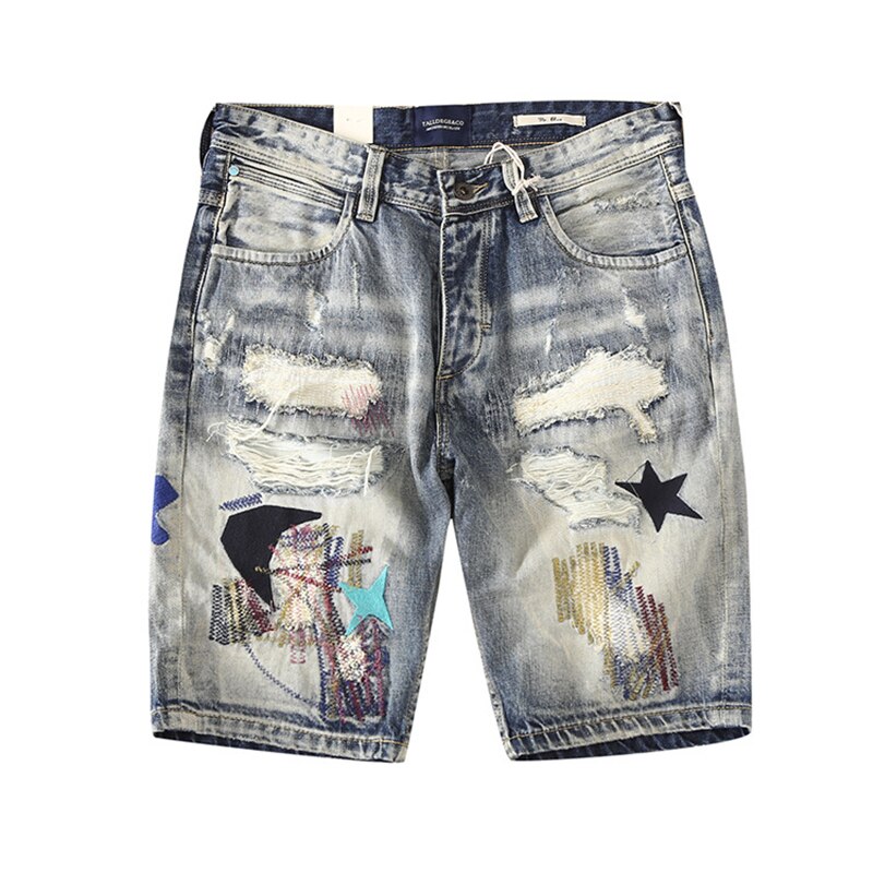 Japanese Harajuku Patchwork Ripped Jean Shorts Urban Boys Streetwear Distressed Hip Hop Punk Denim Shorts Plus Size: 29