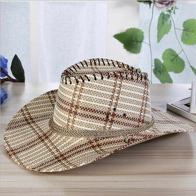 plaid straw hat men's cowboy hat summer sun hat outdoor sun hat big beach hat casual style travel cap: Light Brown