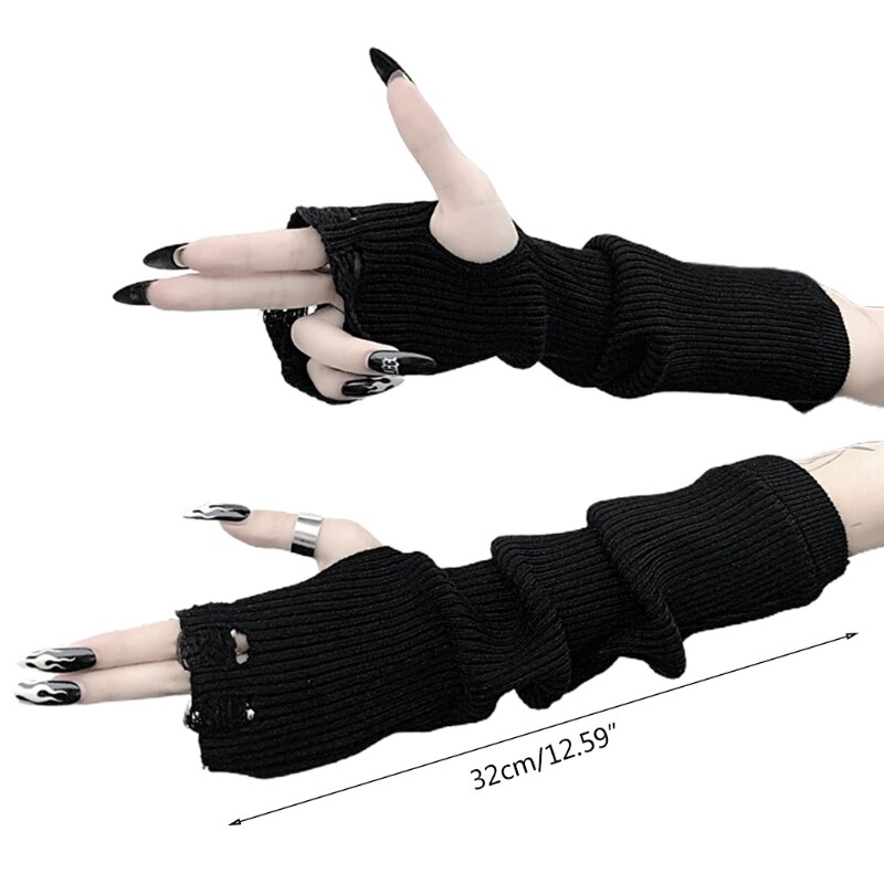 Gants noirs en tricot côtelé pour femmes, gothique, Punk, Harajuku, trou déchiré, longueur du coude, mitaines, Anime Cosplay, chauffe-bras H7EF