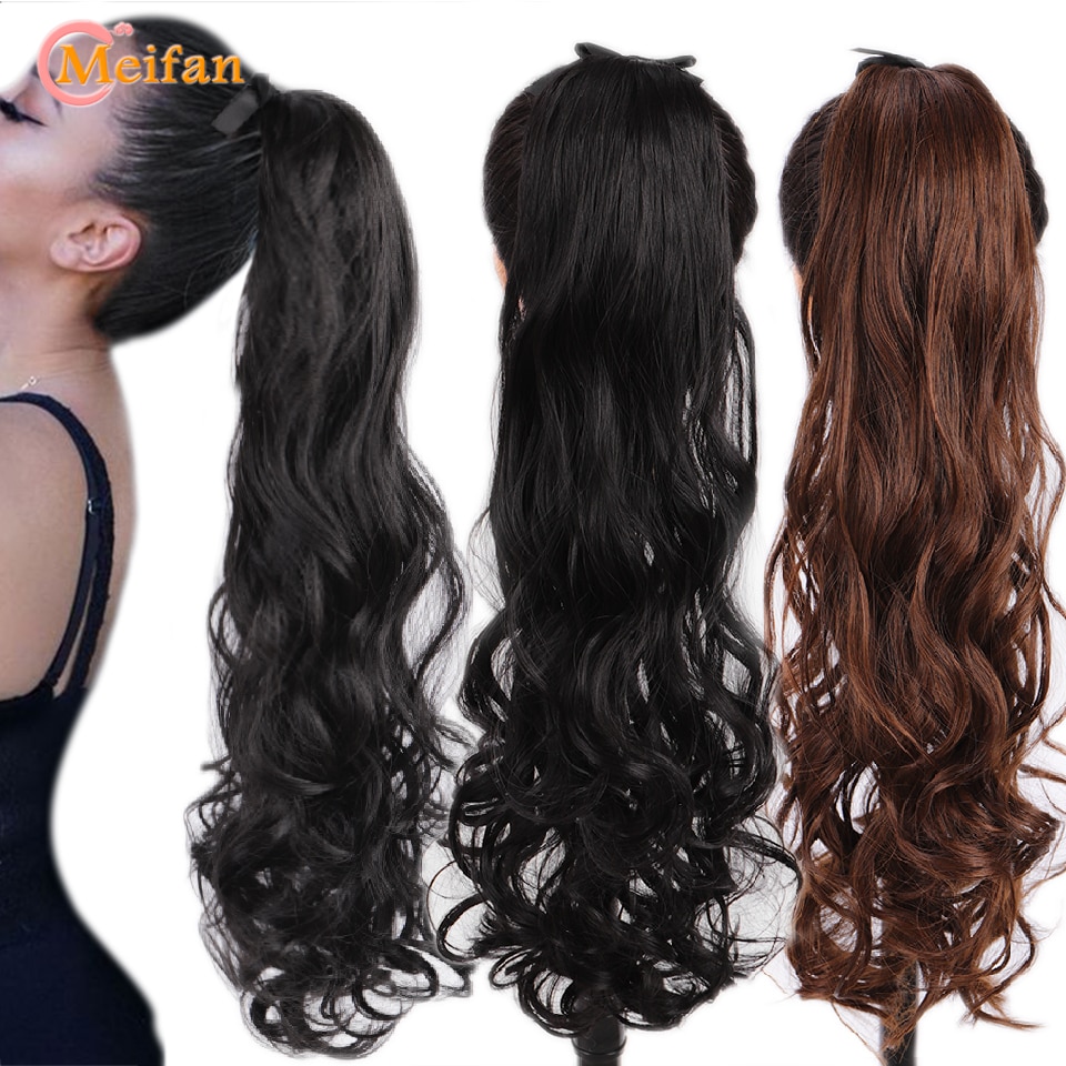 MEIFAN-coletero largo ondulado rizado, extensión de cabello con cordón, postizo sintético Natural con horquillas