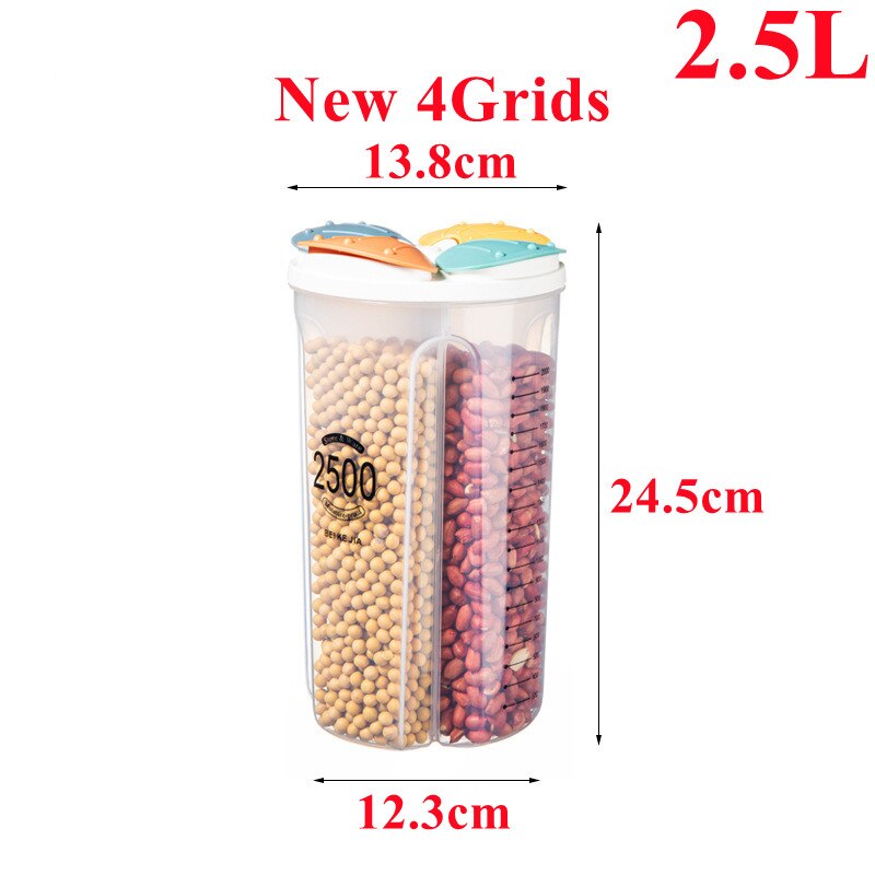 1.5/2/2.5/3L Plastic Food Storage Container with Lid Kitchen Storage Box Refrigerator Noodle Multigrain Jars Home Food Container: New 4grids-2500ml