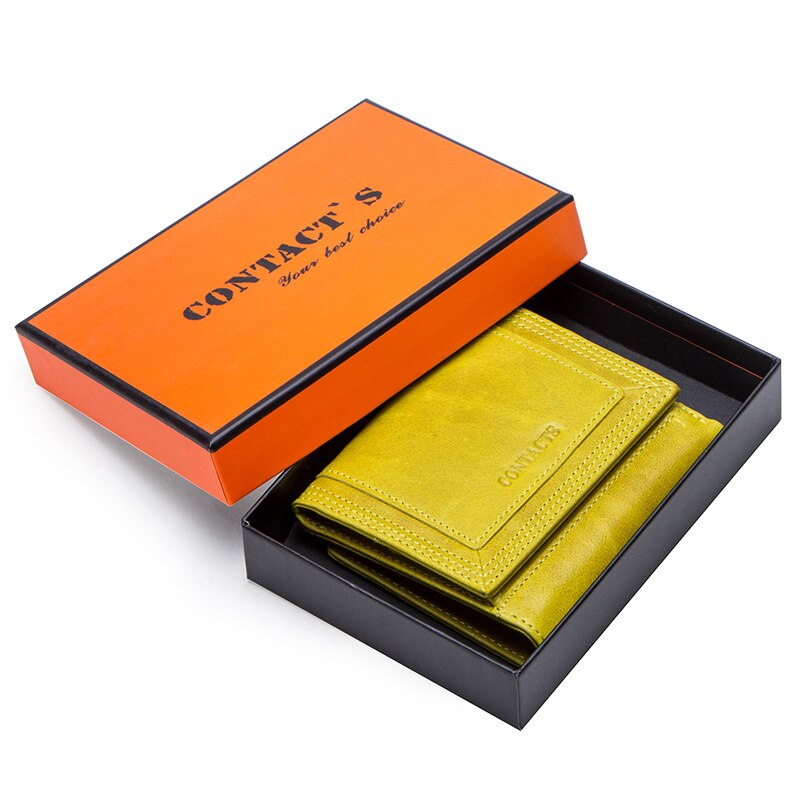 Billeteras cortas para mujer de contacto, carteras de cuero genuino, monedero, portatarjetas, carteras para mujer, Cartera de: Yellow Box