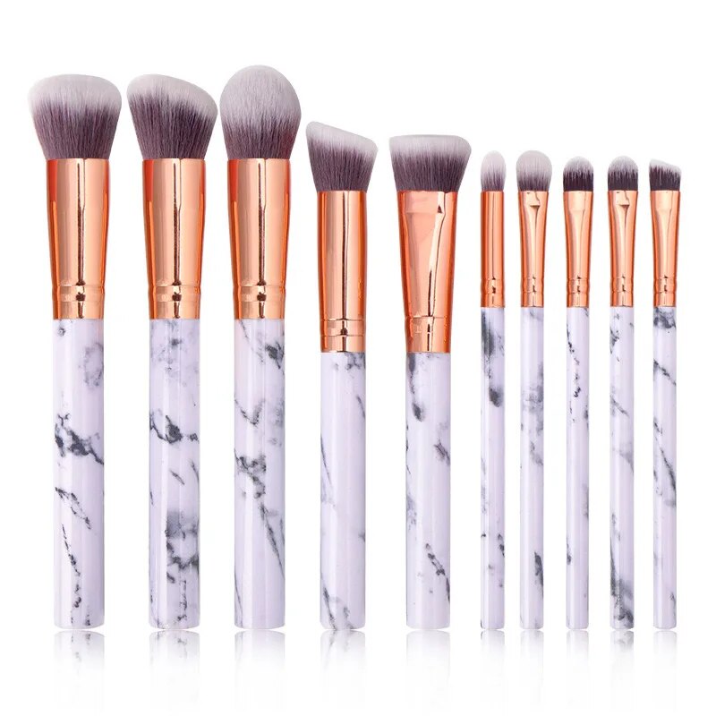 10 Uds. Brochas de maquillaje de mármol, base Kabuki sintética Premium, mezcla de polvos faciales, colorete, correctores, brochas para sombras de ojos: Blanco