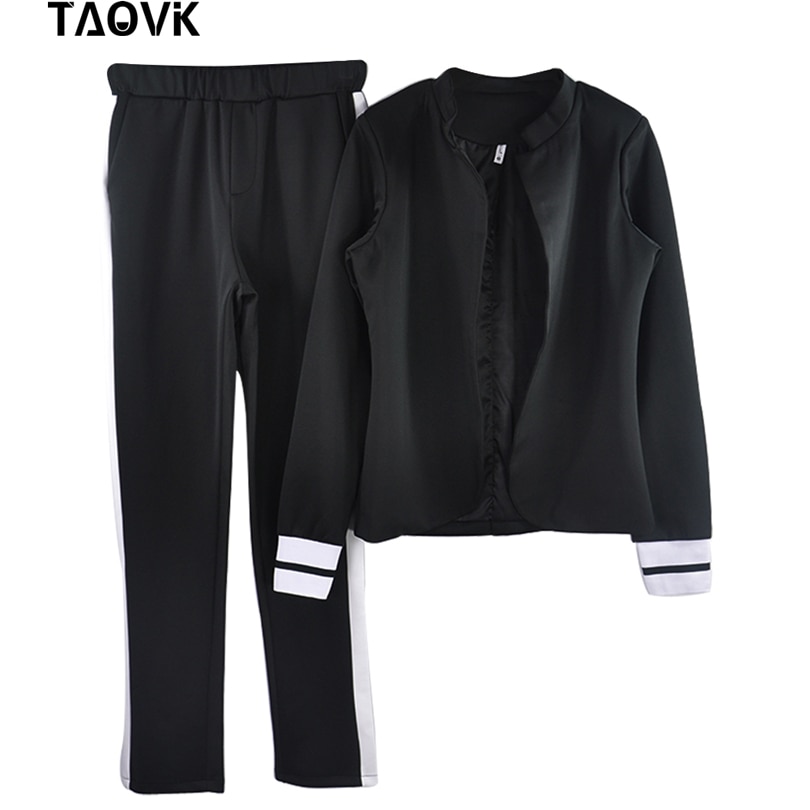 TAOVK women 2 two Piece Set suits Long sleeve stand-up collar buttonless Black and white tracksuit