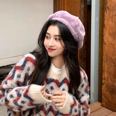 Gorros de estilo coreano harajuku para mujer, boina cálida con personalidad, vintage, kawaii, otoño e invierno,: Morado