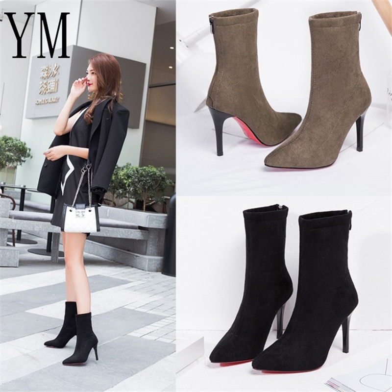 Dam sock boots spetsiga tå elastiska hög slip on häl hög ankel pumps stilett botas mujer höga boots zapatos muje