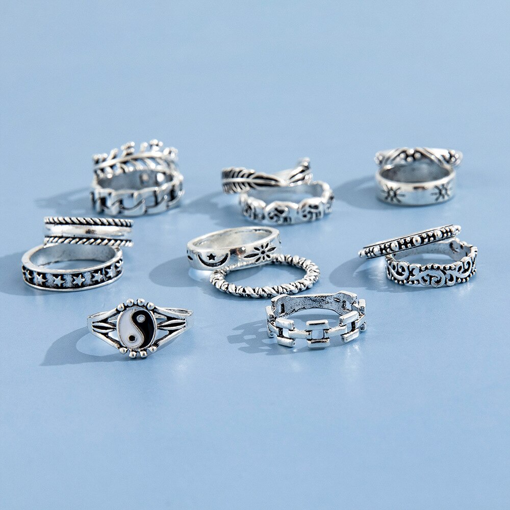 HI MAN 14 Pcs/Set Neo-Gothic Mixed Yin Yang Figure Feather Elephant Star Moon Sun Ring Women Personality Vintage Jewelry