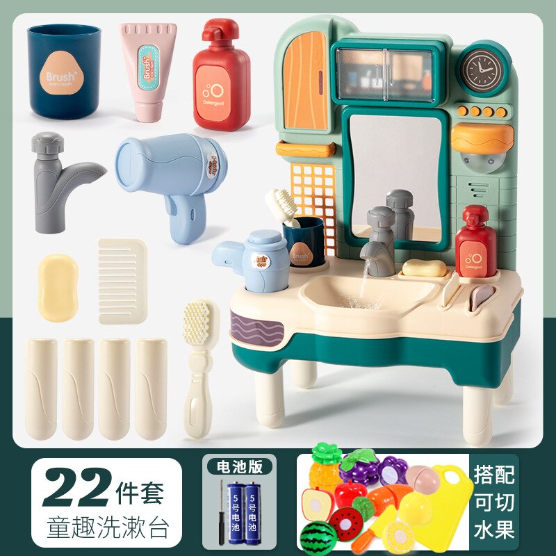 Kinderen Spelen Huis Wastafel Emulate Toy Meisje Leuke Jurk Up Tandenborstel Set Wastafel Simulatie Scène: Childlike Washbasin  Green  Battery Edition   Fruit 9 Pieces