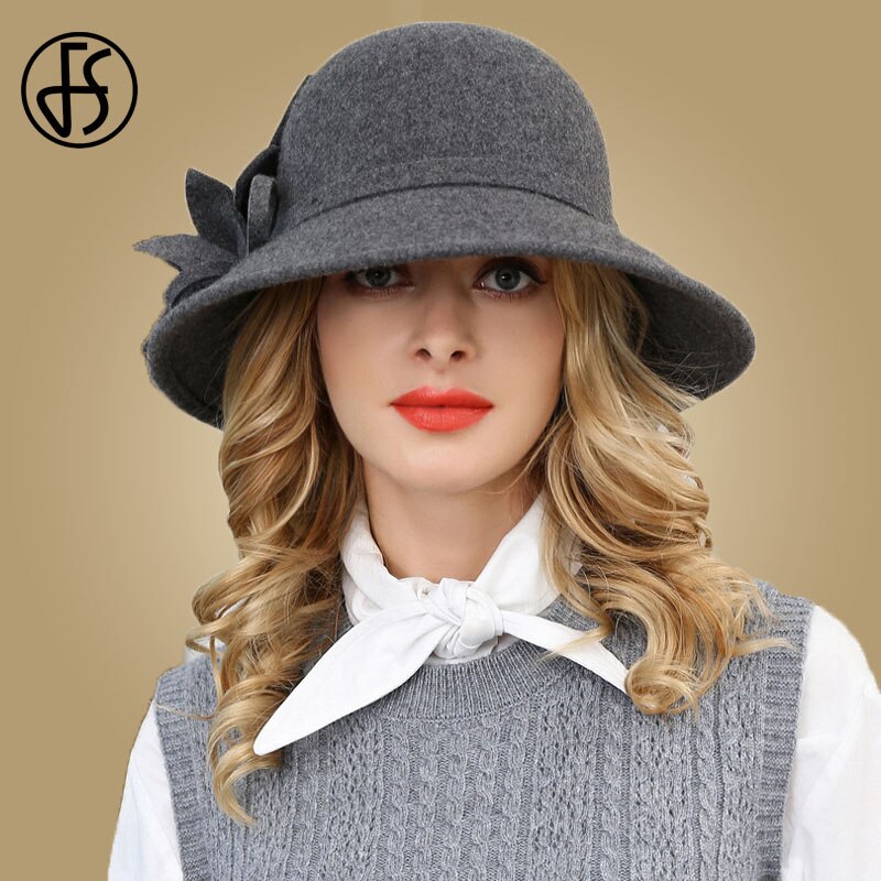 Sombrero de lana con visera grande para mujer, gorro de lana con visera grande, Estilo Vintage, ancho, con flores: Gray Wool Hat