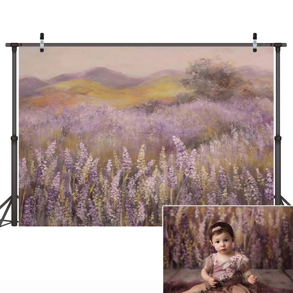 Arrière-plan de photographie de Portrait d'anniversaire pour enfants, paysage de lavande, pour Studio Photo, montagne, pour séance Photo