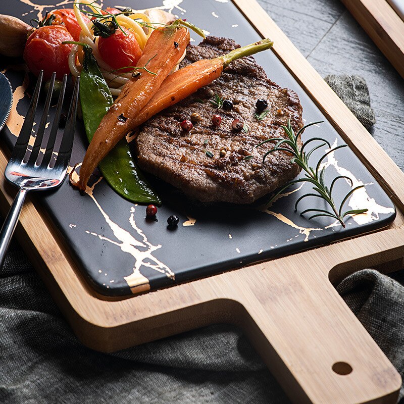 Assiette nordique à Texture de marbre doré en céramique, plat à Steak rond occidental, plateau à Dessert carré, plateau à couverts de cuisine