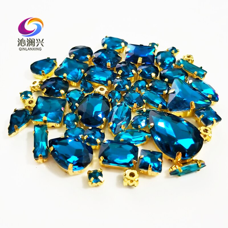 58pcs Super flash 3D Pauw blauw mix vorm top crystal glas naaien op stenen, gold base klauw strass diy/Kleding accessoires