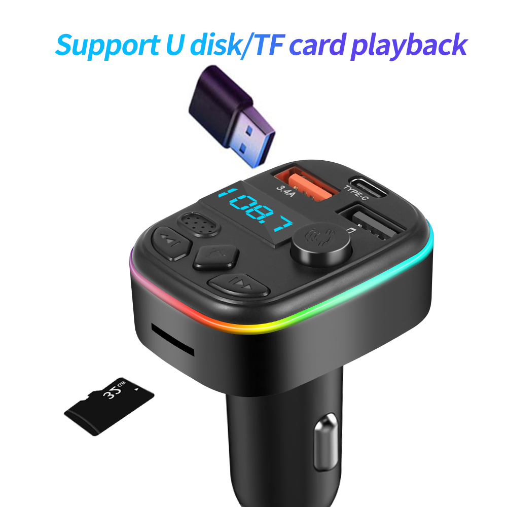 Auto Bluetooth 5.0 Fm-zender Handsfree Carkit Met PD 20W Type-C Dual USB 3.4A Snelle oplader Omgevingslicht Sigarettenaansteker