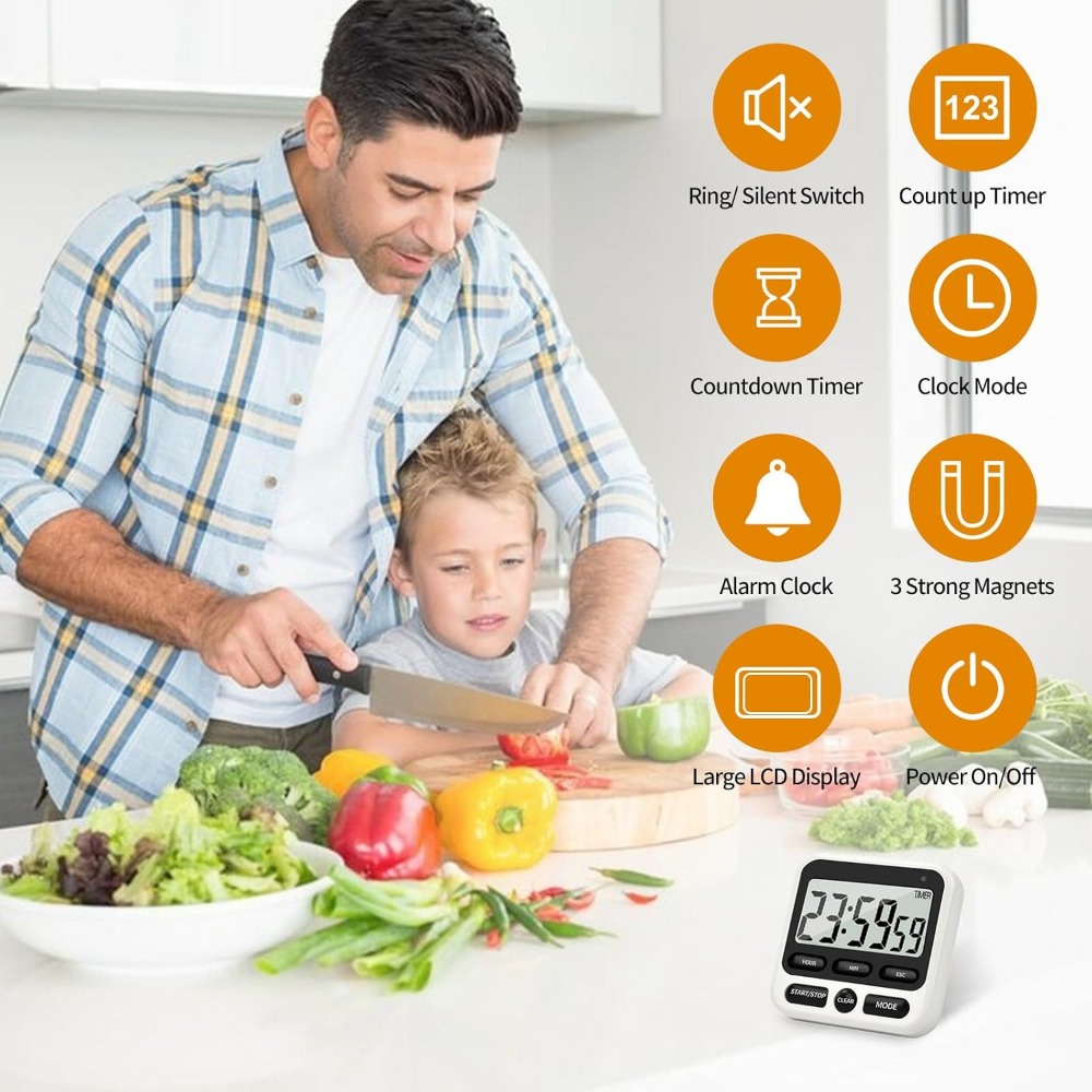 Digital Kitchen Timer with Mute/Loud Alarm Switch ON/Off Switch, 24 Hour Clock & Alarm, Memory Function Count Up Count Dow