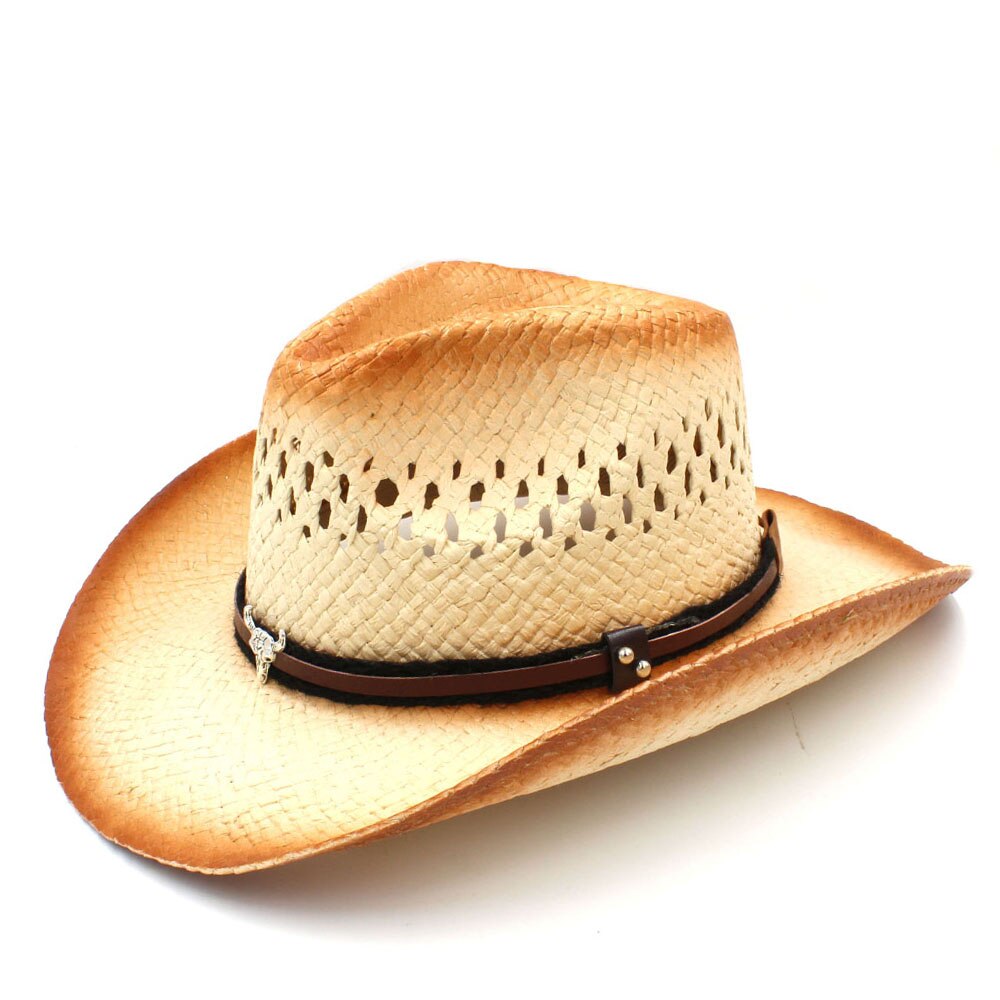 Women Men Western Cowboy Hat With Punk Bull Head Band Straw Lady Dad Beach Sun Sombrero Cap Mesh Cowgirl Jazz Hat Size 58CM