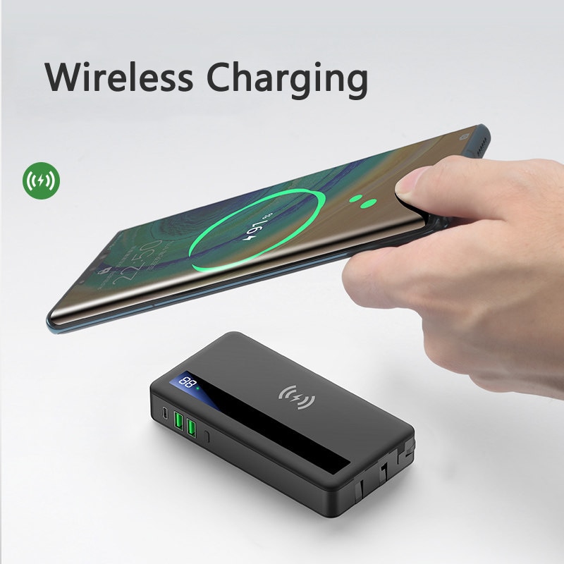4 in 1 20000mAh Power Bank Wireless Charging Powerbank Built in Cable Portable Charger for Samsung iPhone 12 Poverbank with Plug