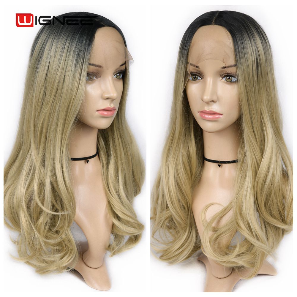 Wignee Long Wavy Synthetic Wig Lace front For Women Heat Resistant Long Hair Wig Middle Part Natural Ombre Ash Blonde Hair Wigs