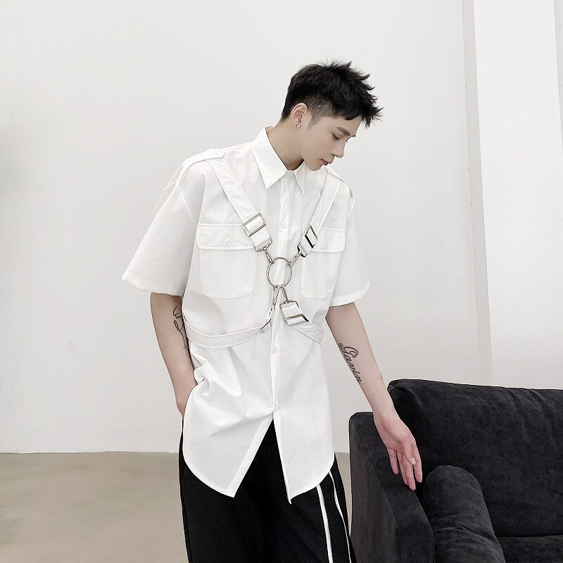 Plus size afneembare ring harnas kooiband hiphop harajuku streetwear heren overhemd zak blouse vrouw koreaanse punk: Wit / Xl