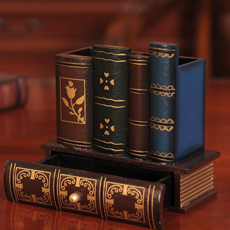 Portalápices de madera Retro multifunción con forma de libro, artesanía de madera, decoración del hogar, caja de almacenamiento, cajones, soporte de papelería Gi