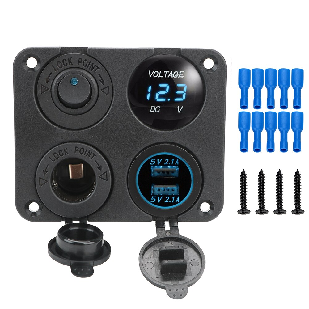 12v strøm 4 in 1 bryterpanel vanntett digital voltmeter bil dobbel usb lader socket sigarettenner med vippebryter: Blå