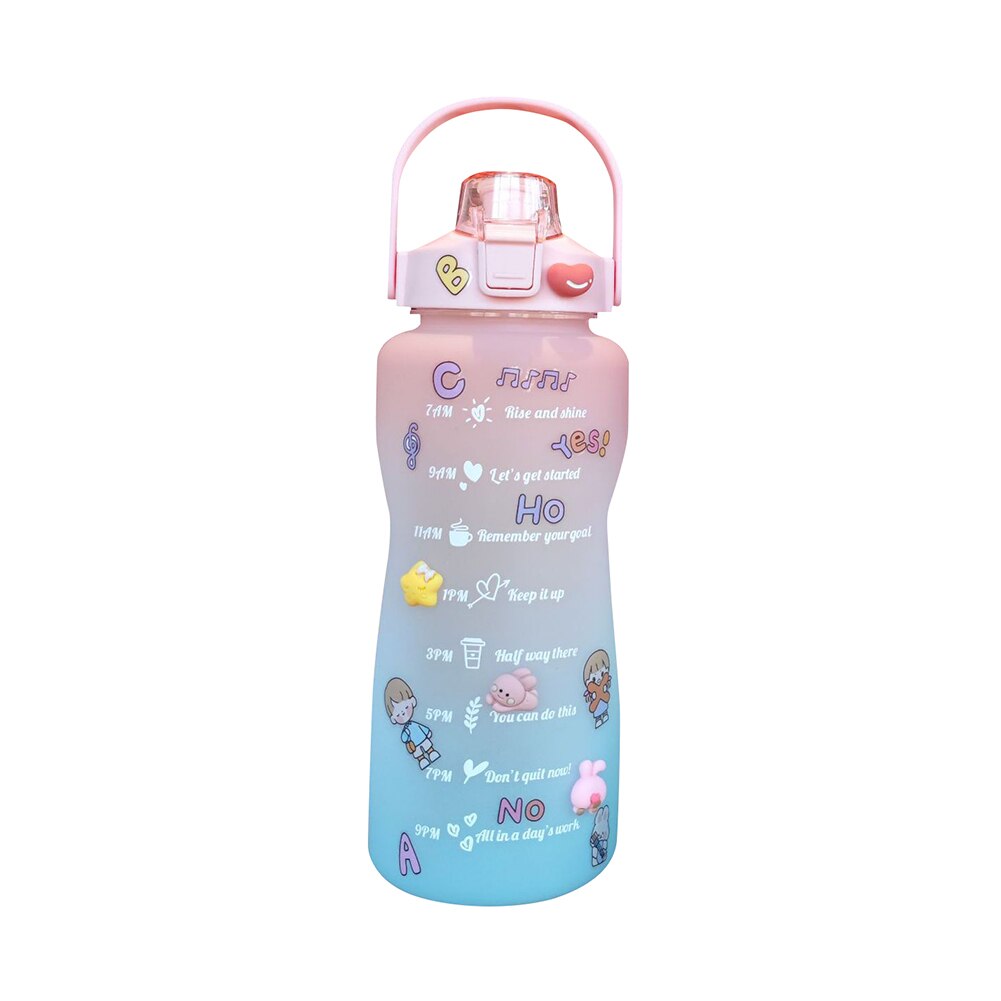 2L Wasser Flasche Stroh Tasse Große Kapazität Hohe Temperatur Kunststoff Wasser Tasse Zeit Skala matt draussen Sport Schüler Paar Tasse: 2000ML D