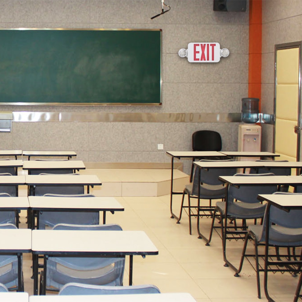 Red Exit Sign LEDs Emergency Light with Adjustable Two Head Backup Batterys Wall Ceiling Mount for Stairway Hallway Room