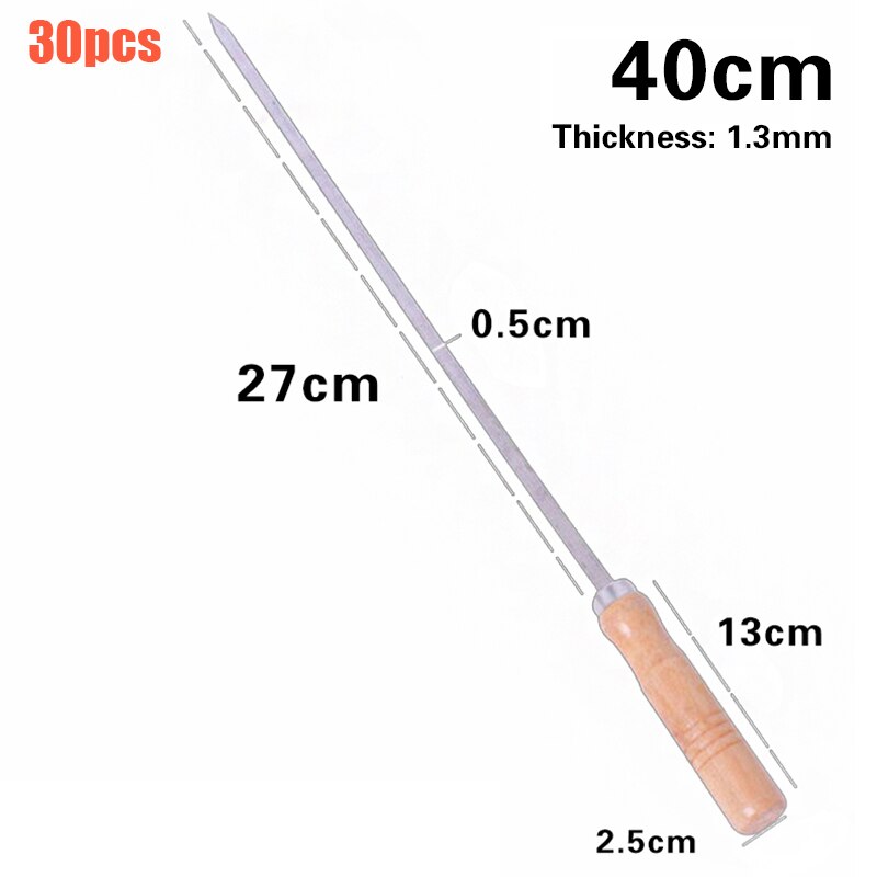 Broche à Kebab plate en acier inoxydable, 40cm, 10 pièces, Barbecue, aiguille à rôtir, fourchette à viande, outil de cuisson en plein air, accessoires de cuisson: 30pcs