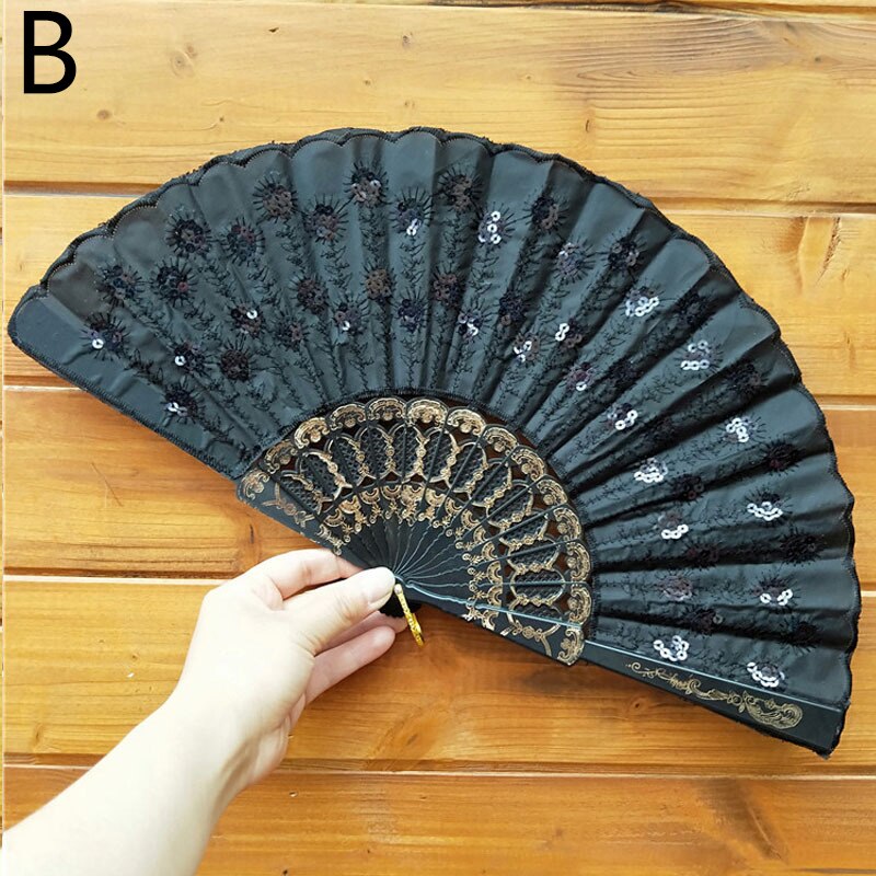 Art Fan Folding Tail Feather Plastic Bone Sequins Carved Hand Fan Summer Accessory Crafts Print Home Decor Embroidery: B
