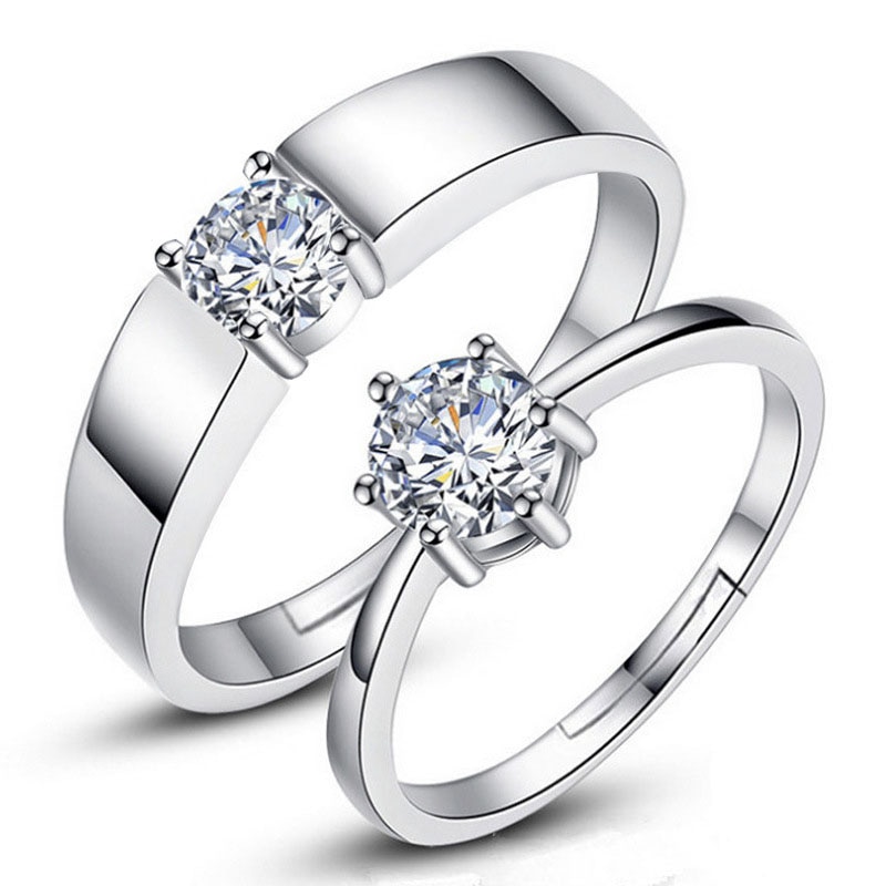 Zirkon Einstellbare silber farbe Paar Hochzeit Ringe für Frauen und Männlichen Strass Engagement Ring für Paar
