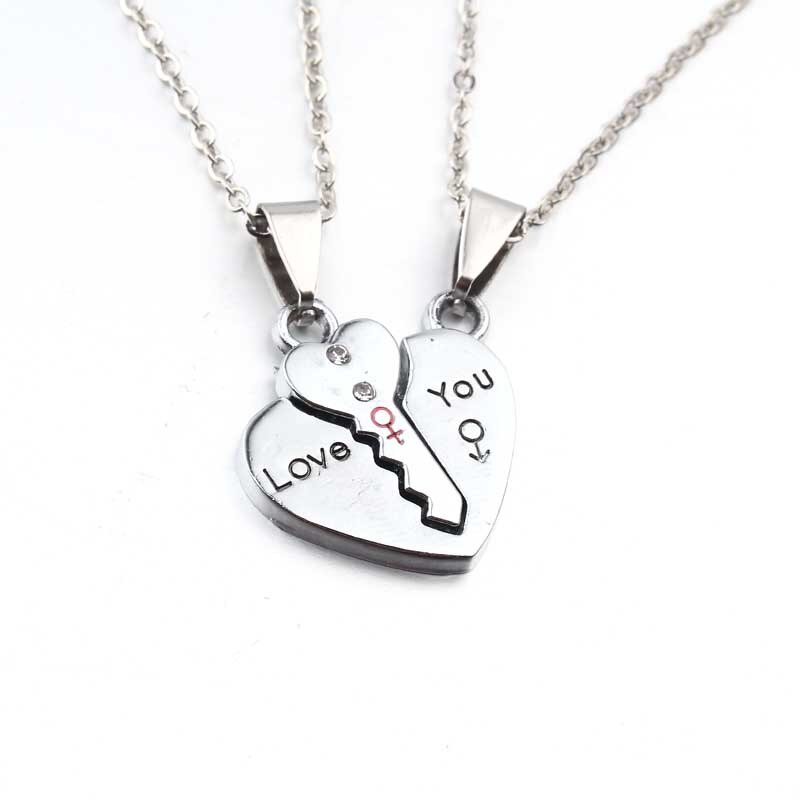 2Pcs Bohemia Sliver Color Key Pendant Necklaces For Womens Lover Couple Jewelry Broken Heart Necklace Valentine N777